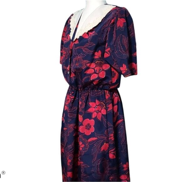 Vintage Secretary Geek Floral Navy Cherry Red Dress White Laced Collar Medium - Picture 10 of 12